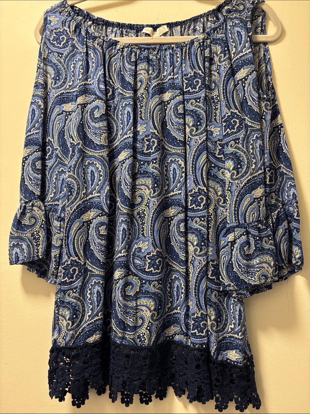 Blue Paisley Off-Shoulder Blouse with Crochet Hem